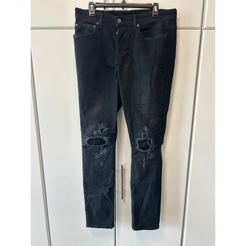 Ksubi Chitch Black Distressed Slim Tapered Ripped Jeans Mens 36 Blue Embroidery